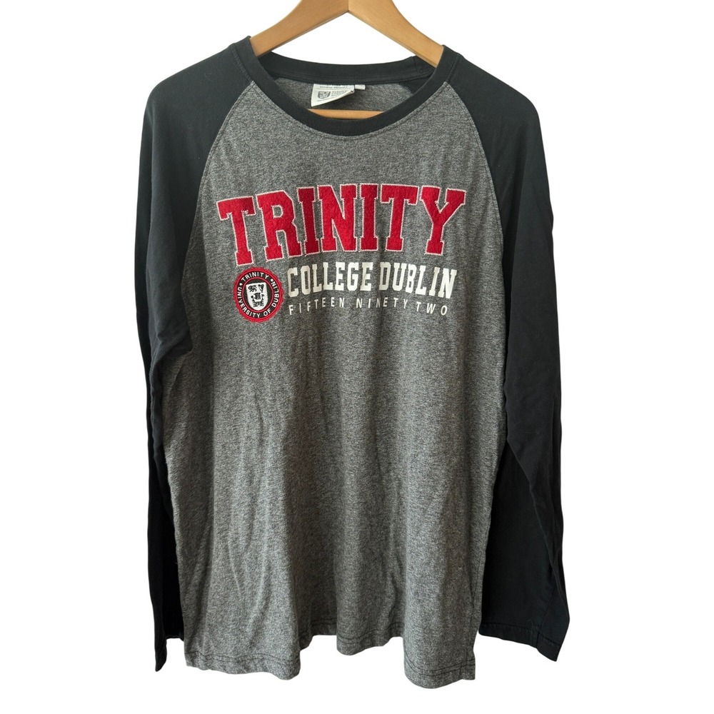 Trinity College Dublin Mens XL Long Sleeve Raglan T-Shirt Gray Black Official